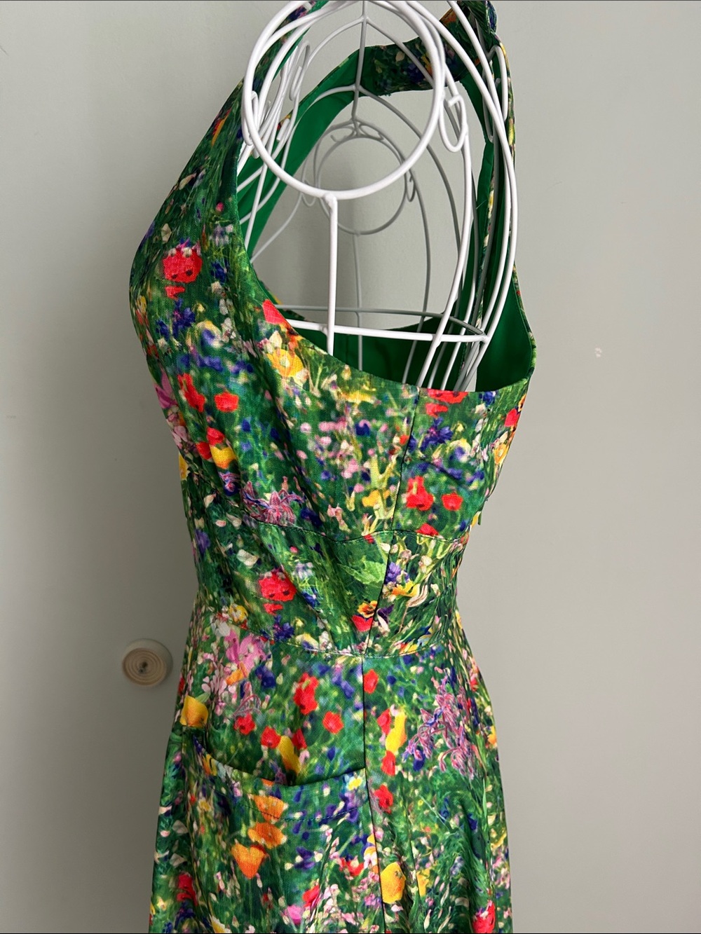 Unique Vintage Green Floral One-Shoulder Midi Dress - Picture 9 of 15
